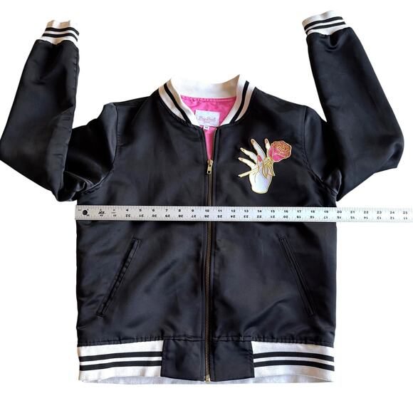 Big Bud Press Stem to Stem Embroidered Roses Poly Satin Black Bomber Jacket M - Picture 11 of 13